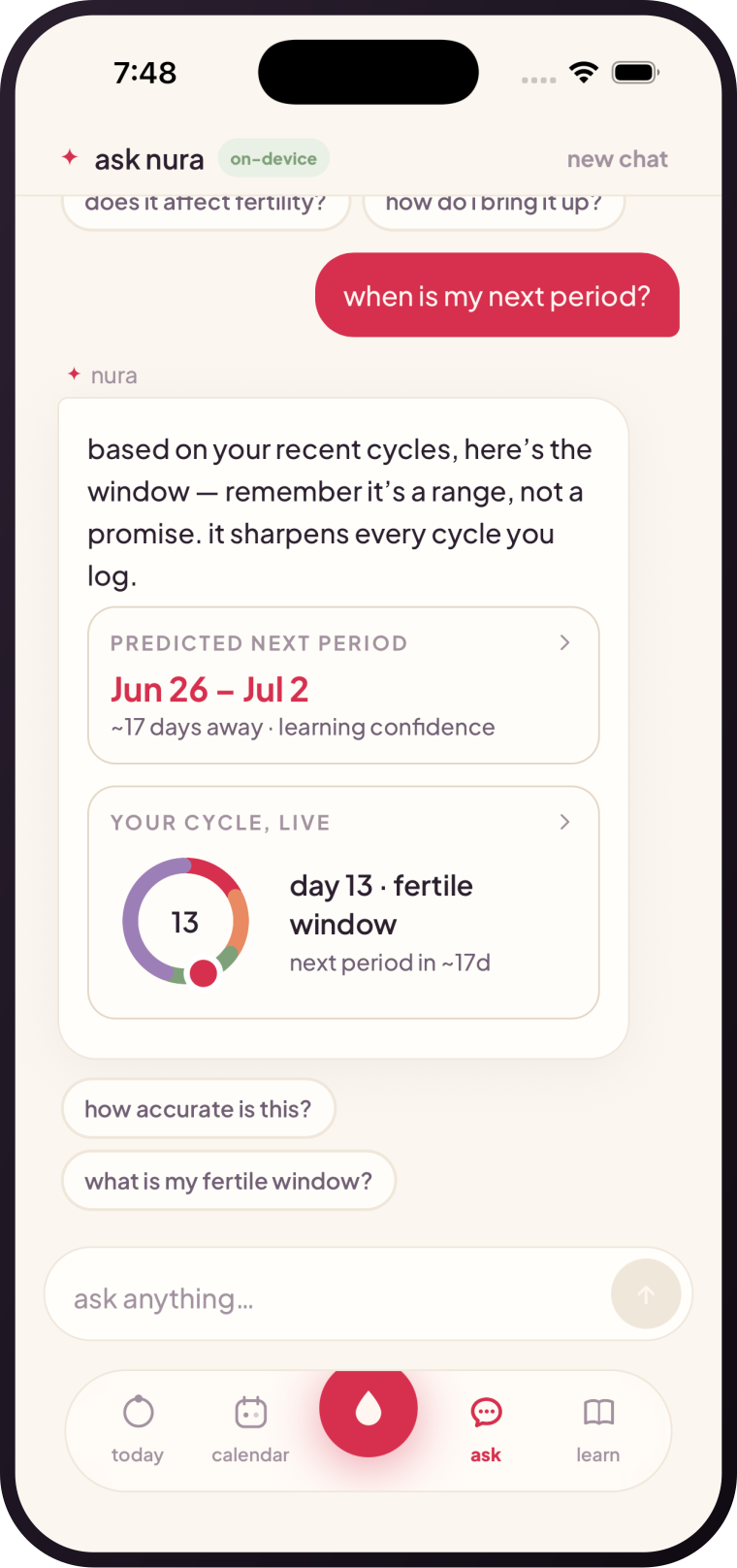 ask nura answering 'when is my next period?' on-device, with interactive cycle and prediction cards
