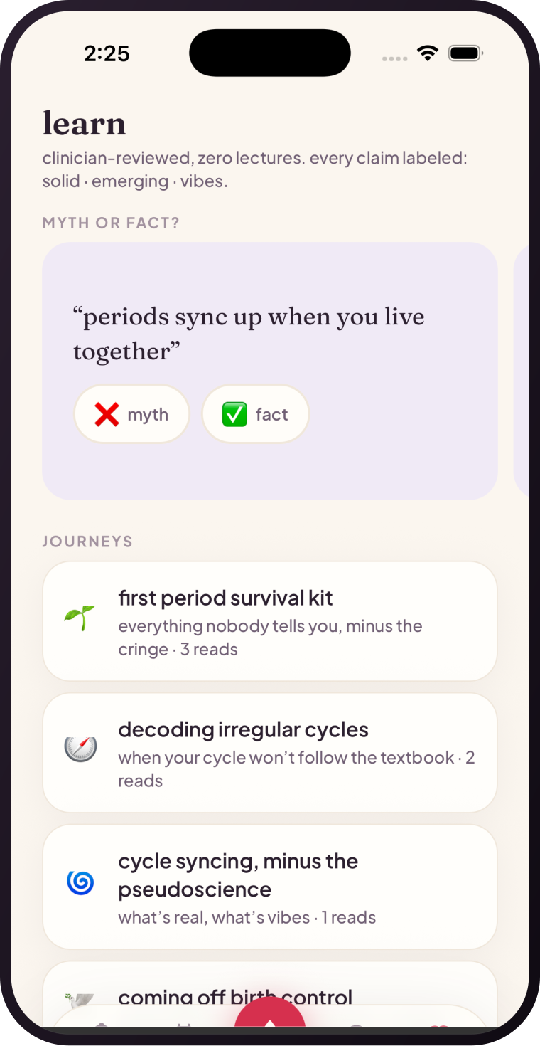 nura's learn tab — a myth-or-fact card and clinician-reviewed journeys