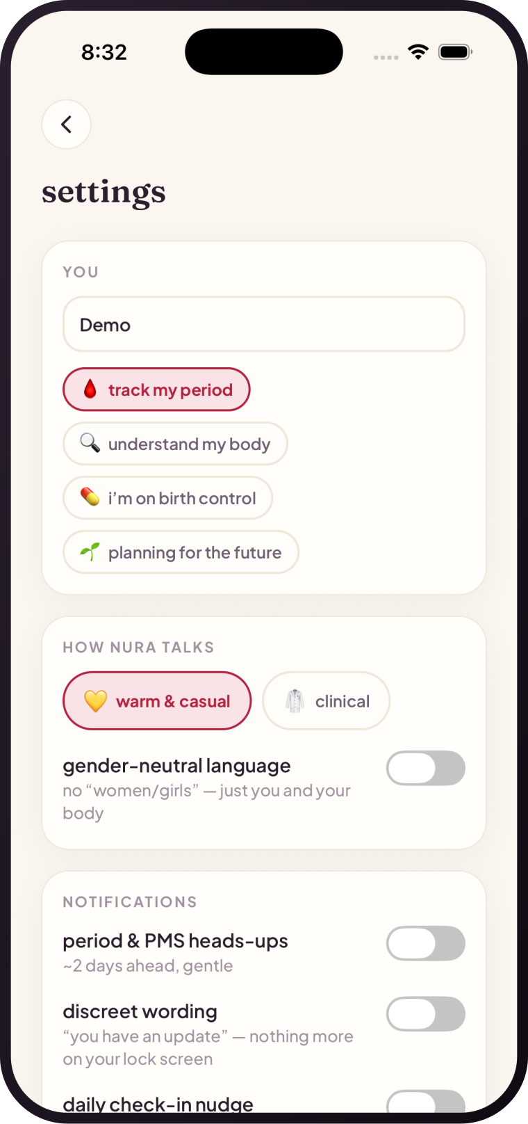 nura's settings — goal, tone, gender-neutral language and discreet-notification controls
