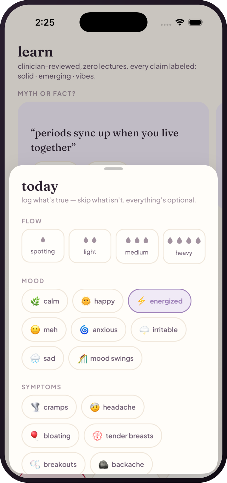 nura's quick-log sheet — flow, mood and symptom chips you tap in seconds